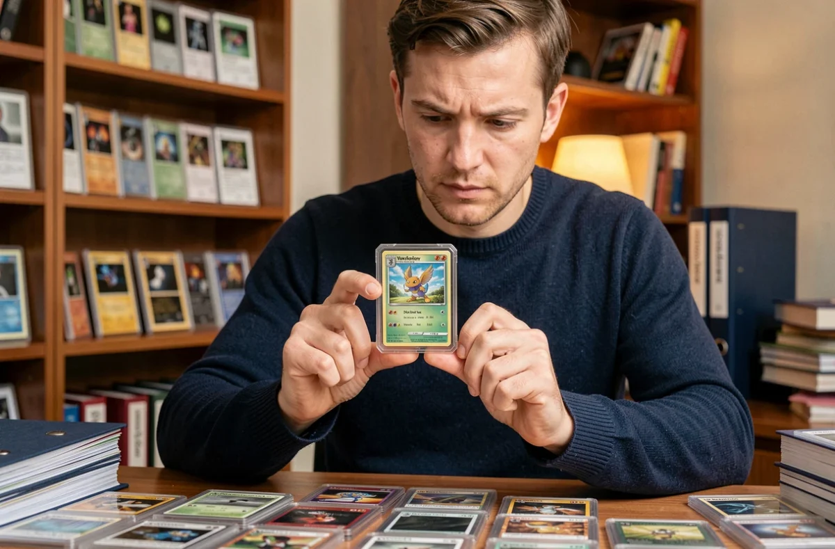 Collectionneur adulte tenant une rare carte Pokémon gradée dans un étui acrylique protecteur, assis à un bureau en bois entouré de classeurs et de slabs de cartes