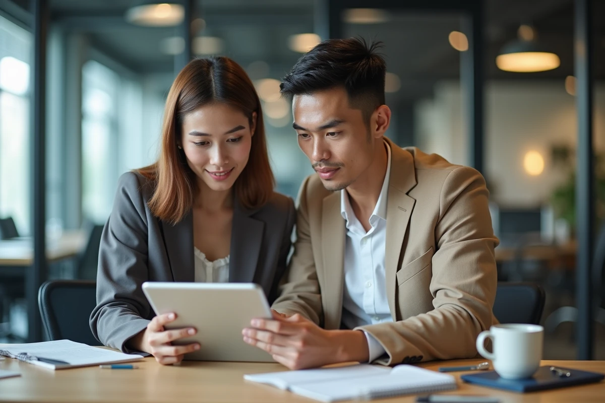 Deux collègues consultant ensemble un site d'infos pratiques et bons plans sur tablette dans un bureau moderne en 2026