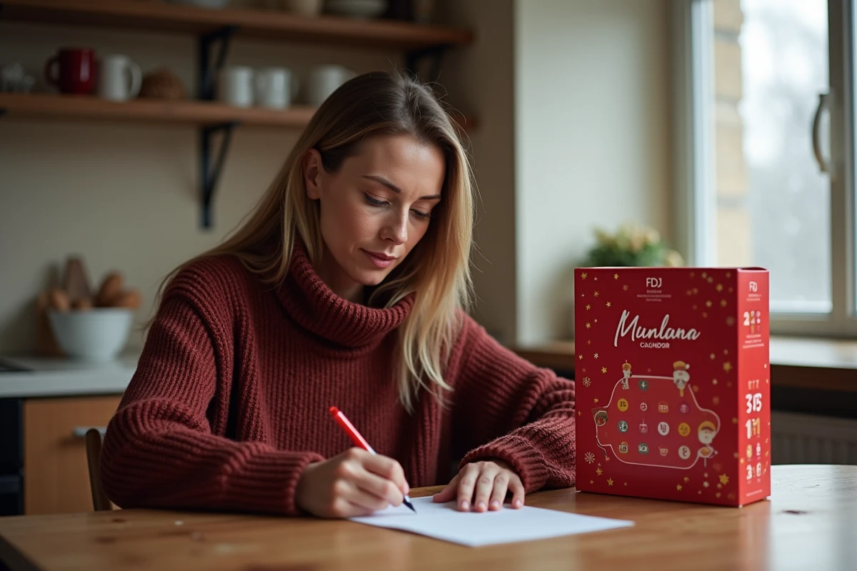 Femme commandant un calendrier de l'avent FDJ 2026 à une table en bois dans une cuisine chaleureuse en hiver
