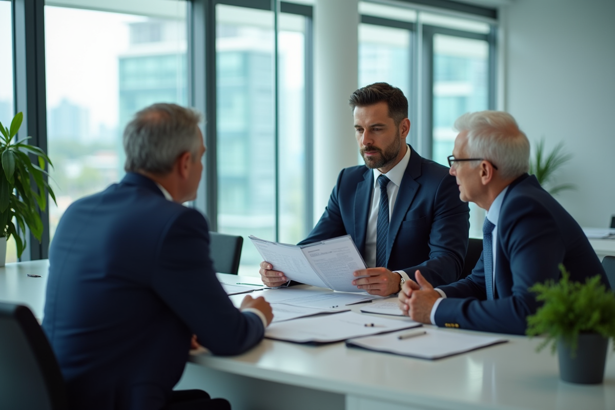 Conseiller bancaire présentant une brochure à un couple âgé