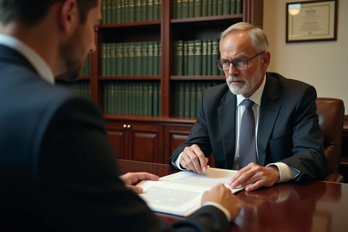 Conseiller juridique expliquant un document légal à un client dans un cabinet d'avocat, illustration d'un recours face aux erreurs d'un huissier