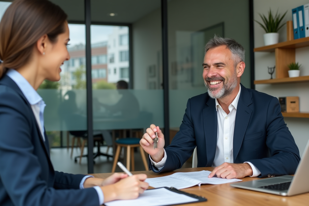 Conseiller immobilier remettant des clés à une cliente souriante