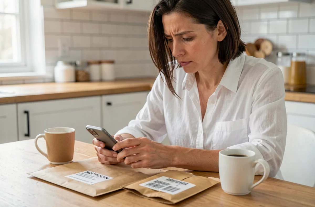 Femme contactant le service client Vinted Go par téléphone pour résoudre un problème de colis avec des documents d'expédition sur la table