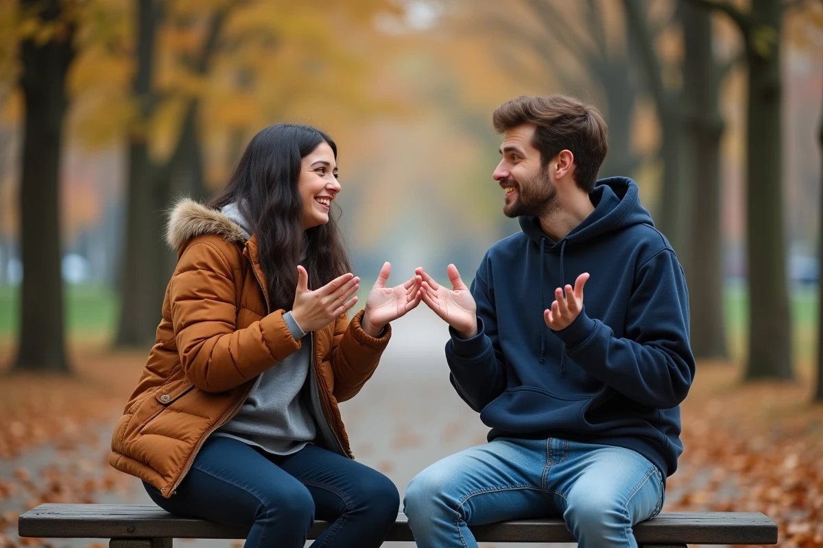 Deux personnes en conversation active sur un banc de parc en automne, illustrant la nuance entre écouter et entendre dans un échange quotidien
