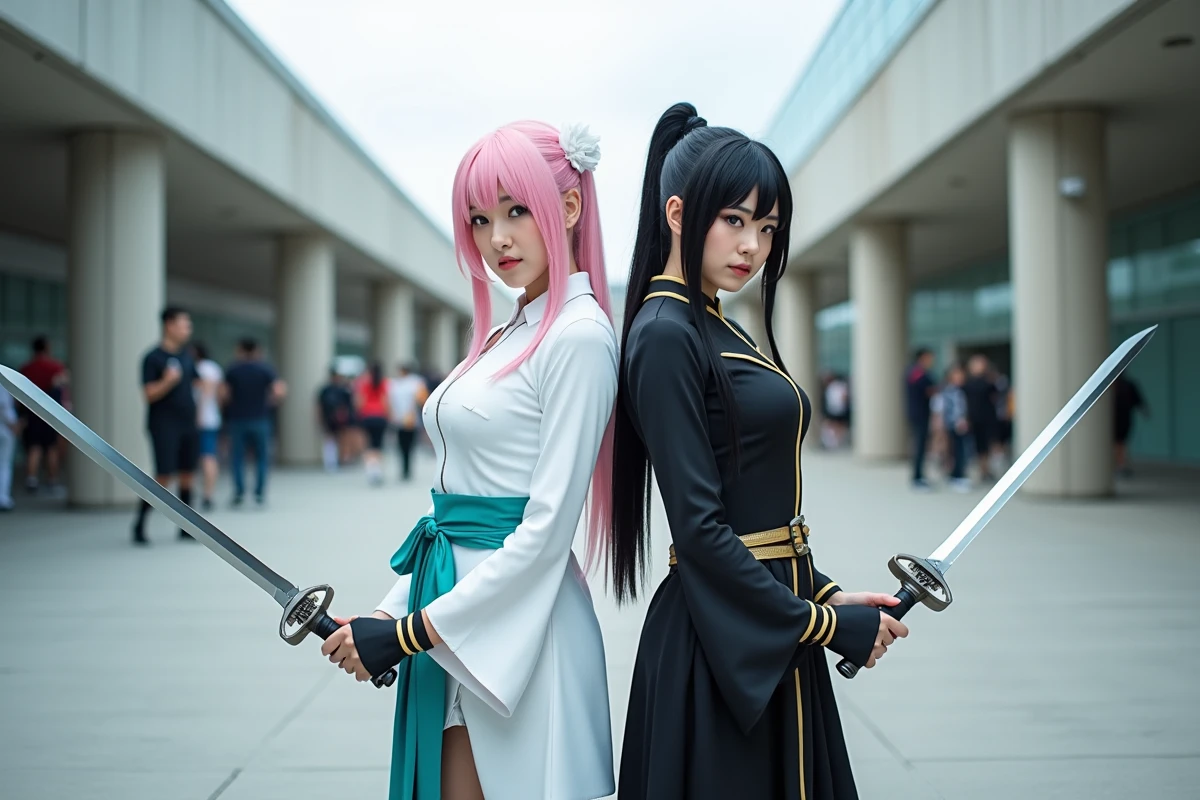 Deux cosplayeuses en costumes d'Arrancar de Bleach posant dos à dos en extérieur avec des répliques de zanpakuto lors d'une convention