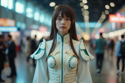 Cosplayeuse en costume complet de Tia Halibel dans une convention manga, vue en pied avec détails de l'armure blanche et accessoires dorés