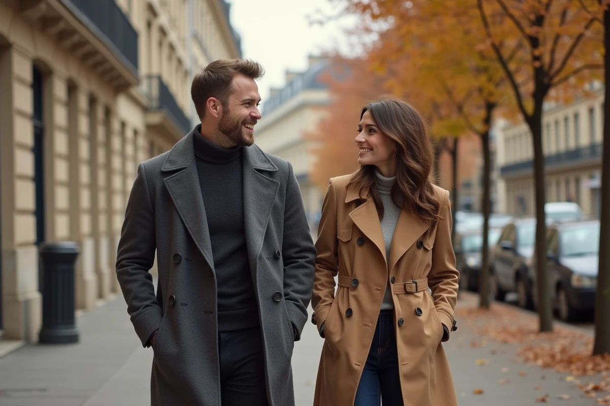 Couple élégant se promenant sur un trottoir parisien en automne, évoquant la vie amoureuse discrète d'une célébrité médiatique française