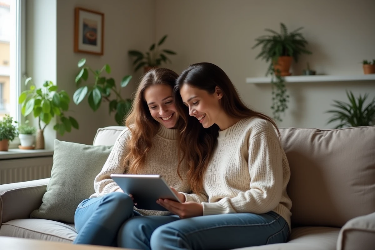 Couple consultant une commande Carrefour Drive avec un code promo appliqué sur une tablette dans un salon