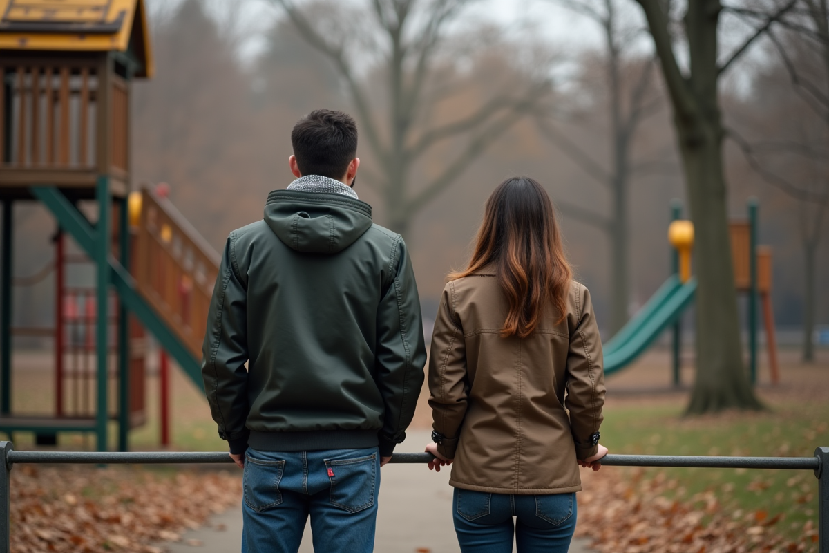 Jeune couple pensif dans un parc en automne
