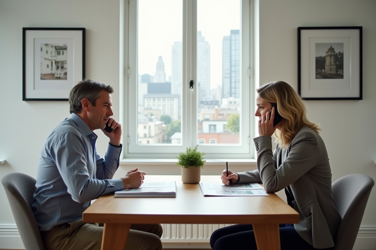 Couple d'adultes en discussion dans un appartement moderne