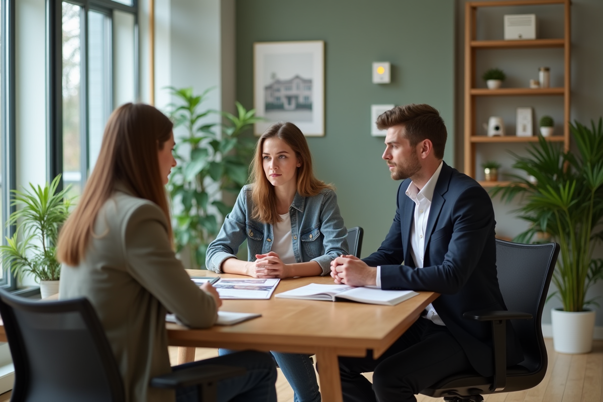 Jeune couple échangeant un regard sceptique avec un agent immobilier