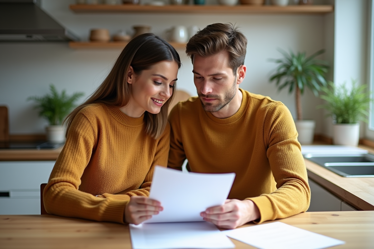 Couple discutant de documents de pret immobilier à la maison