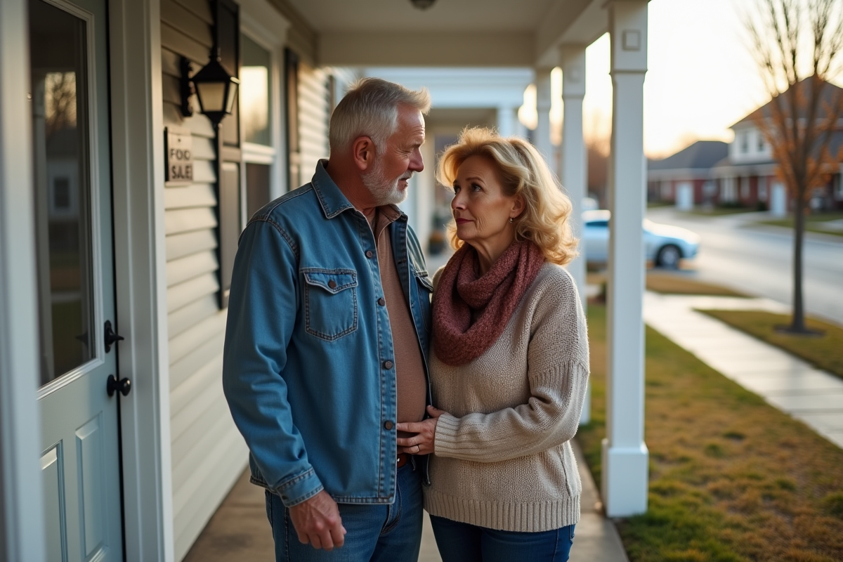 Couple d'adultes devant une maison en vente avec panneau