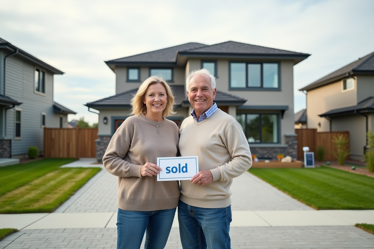 Couple souriant devant une maison neuve vendue