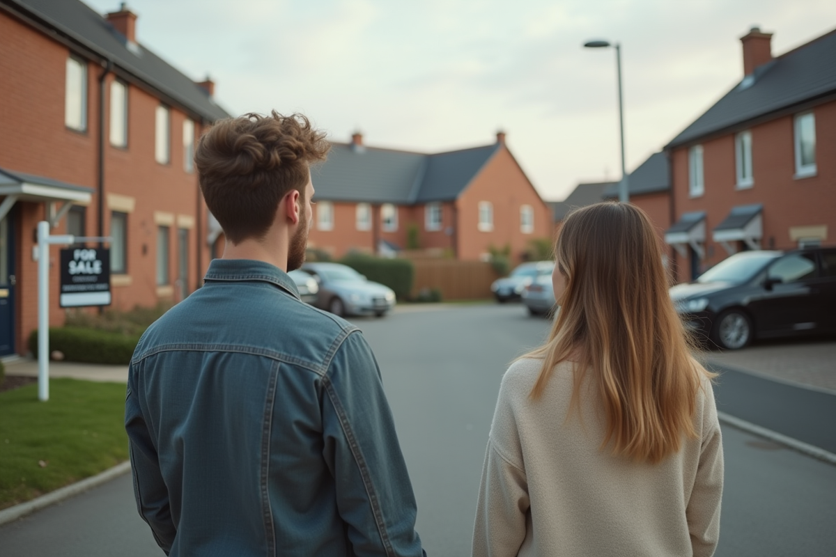 Jeune couple devant une maison avec panneau a vendre