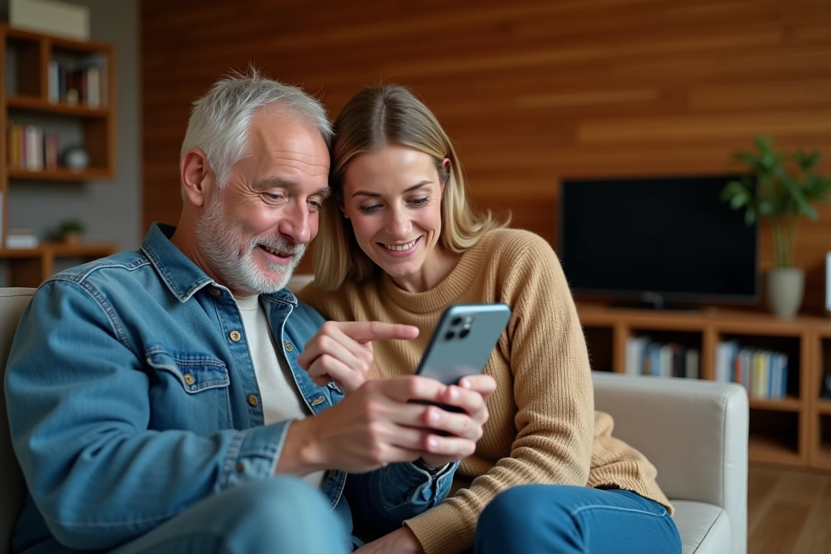 Couple regardant une offre promotionnelle Canal Plus sur smartphone dans un salon chaleureux