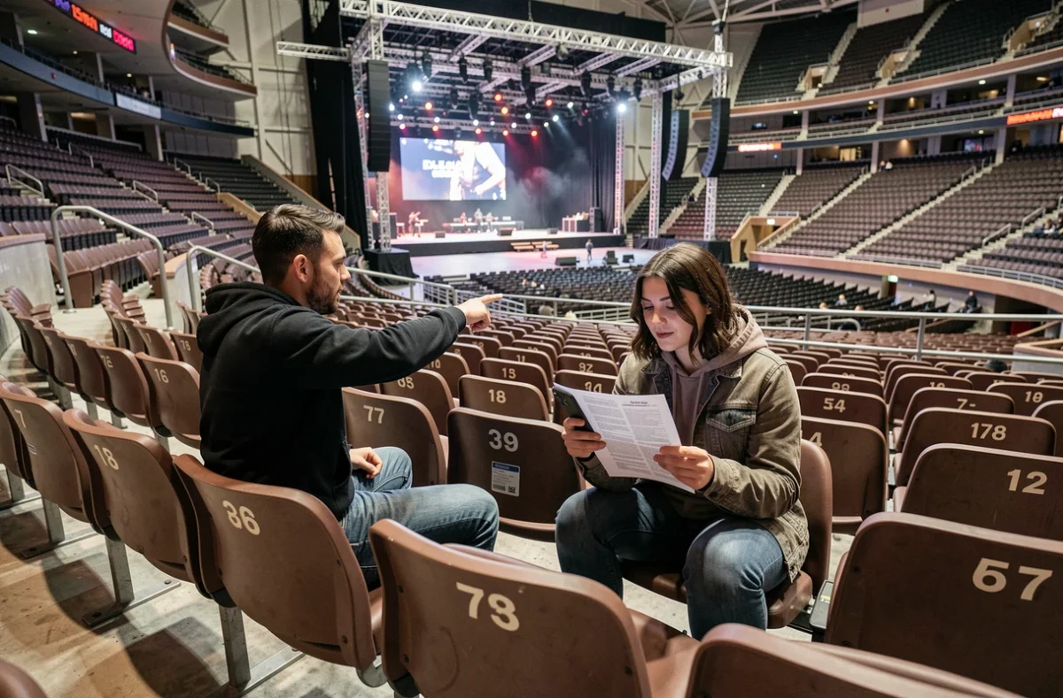 Couple vérifiant leur placement sur le plan de salle d'une grande salle de concert avant le spectacle