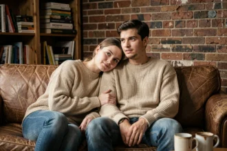 Couple de jeunes adultes regardant un film ensemble sur Netflix dans un appartement cosy, ambiance intimiste et romantique