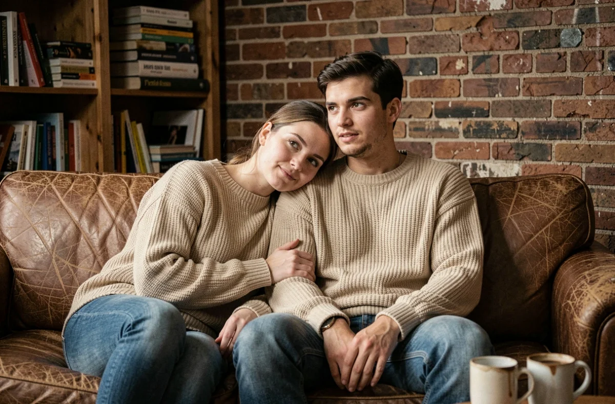 Couple de jeunes adultes regardant un film ensemble sur Netflix dans un appartement cosy, ambiance intimiste et romantique