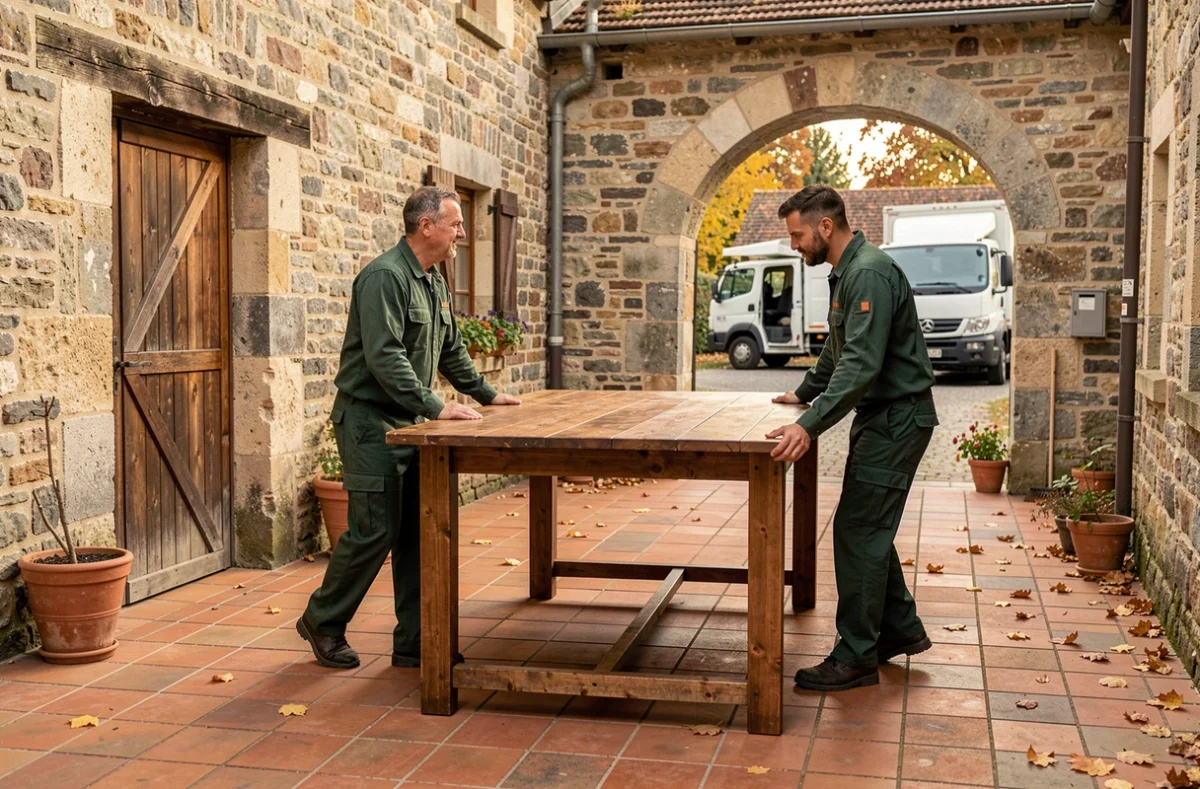 Deux déménageurs Courtet portant une table en bois dans la cour d'une ferme traditionnelle de Franche-Comté