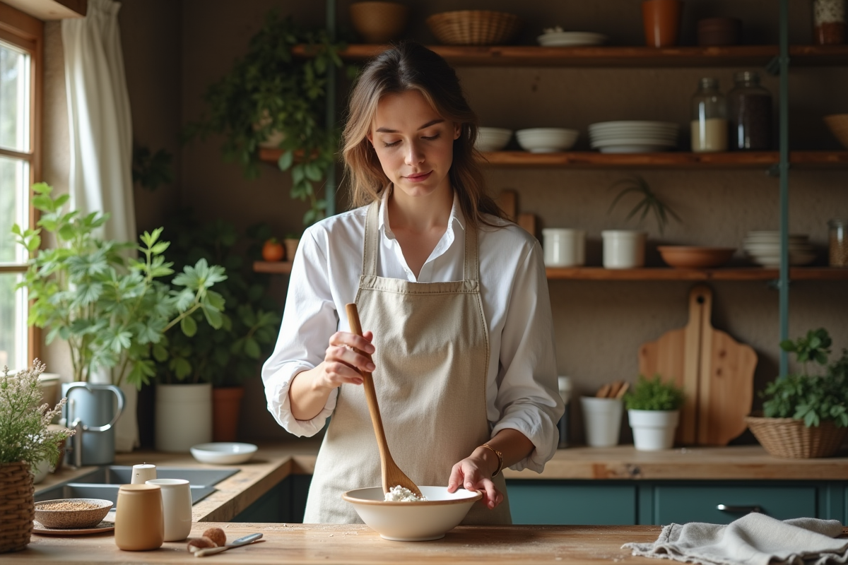 Femme en tablier remuant un liant naturel dans une cuisine rustique