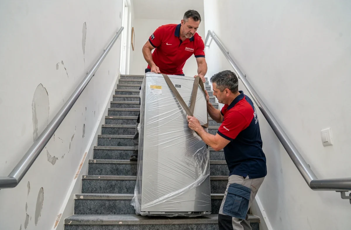 Deux déménageurs Demeco manœuvrant un réfrigérateur emballé dans l'escalier d'un immeuble moderne à Besançon