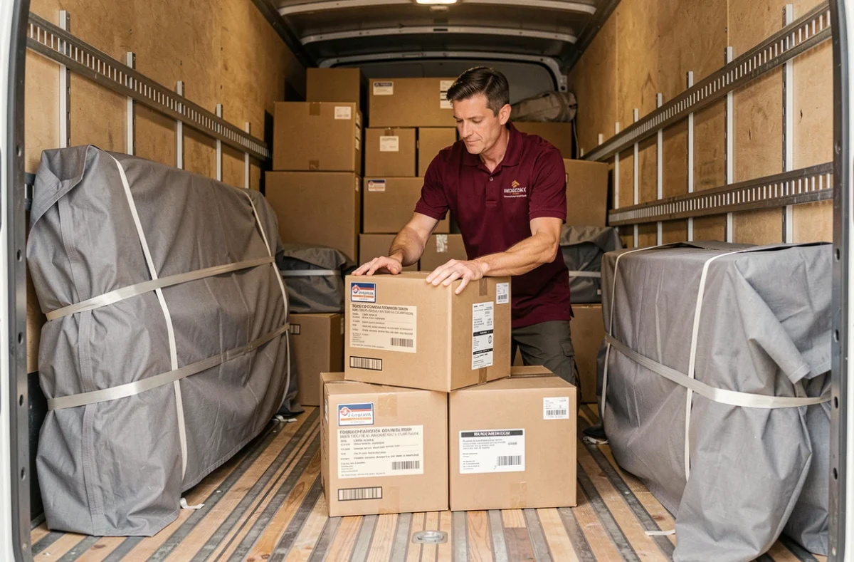 Professionnel du déménagement Bourgogne organisant des cartons étiquetés dans un camion parfaitement rangé