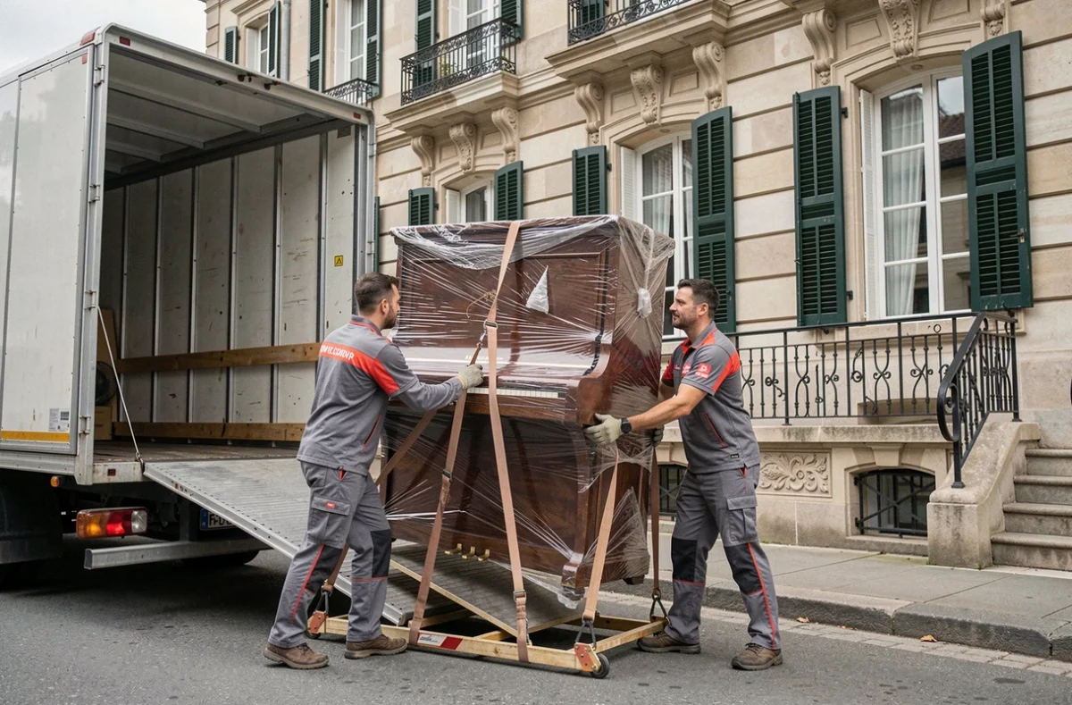 Deux déménageurs Chopard descendant un piano droit emballé d'un camion devant une maison de ville en Franche-Comté