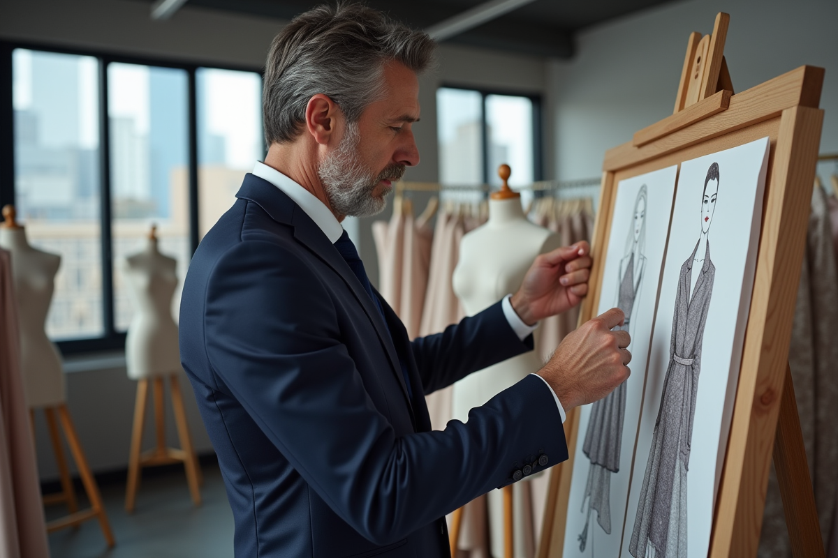 Créateur de mode en studio examinant un mood board