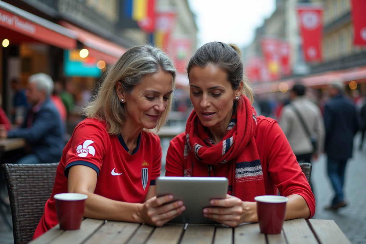 Deux femmes regardant un tablette avec passion au café en plein air