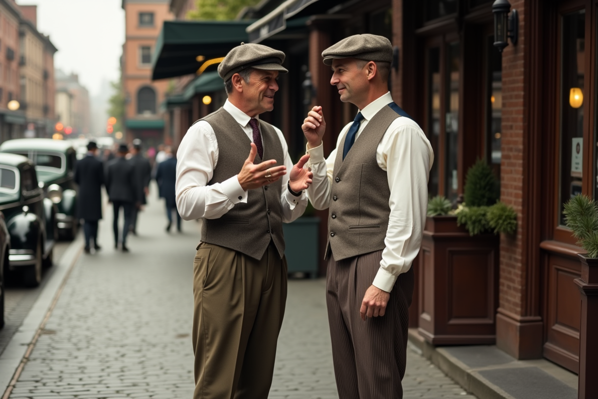 Deux hommes en vêtements d époque discutant dans la rue