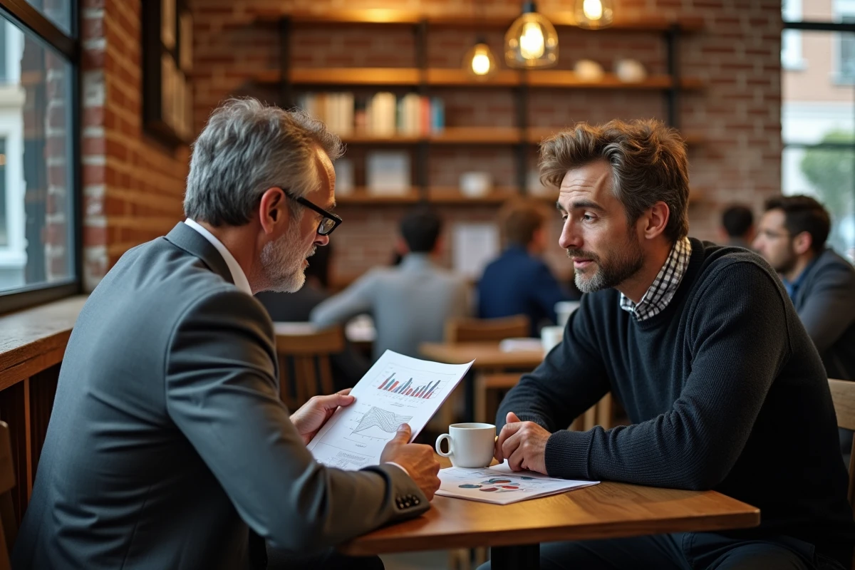 Deux hommes aux profils de personnalité différents ESTJ et ENTJ en discussion stratégique dans un café moderne, comparaison de styles de leadership