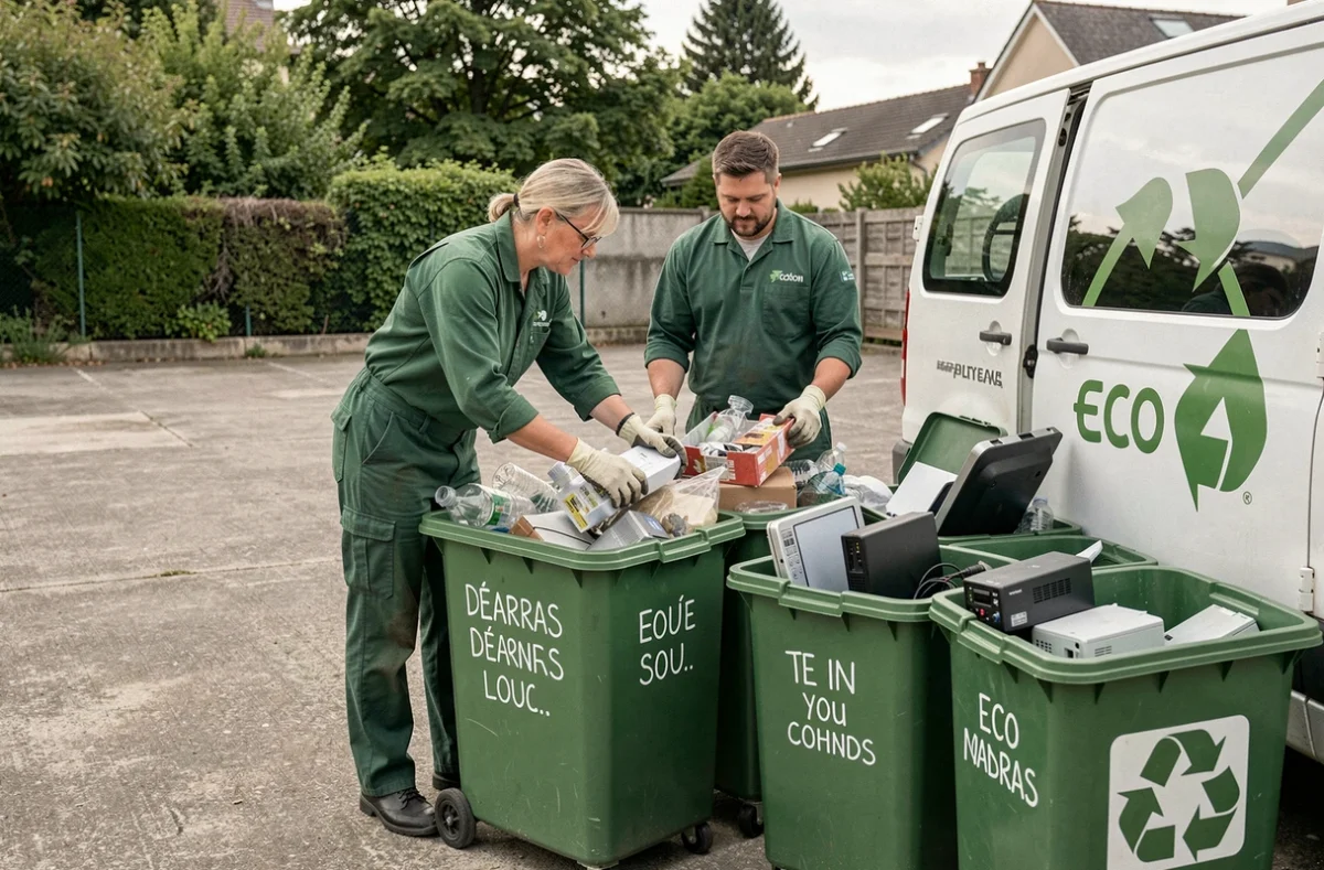 Équipe Éco Débarras triant des objets recyclables dans des bacs verts à Lyon