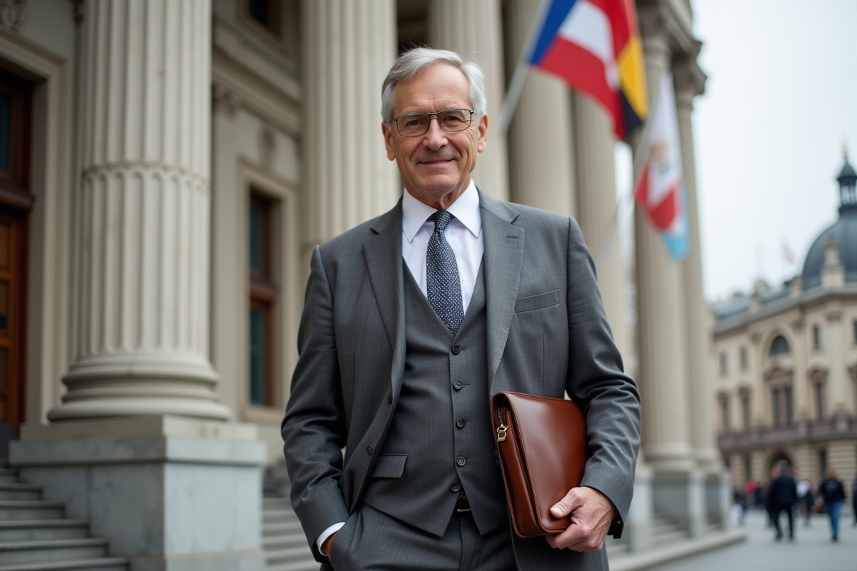 Economiste mature devant un bâtiment officiel avec drapeaux