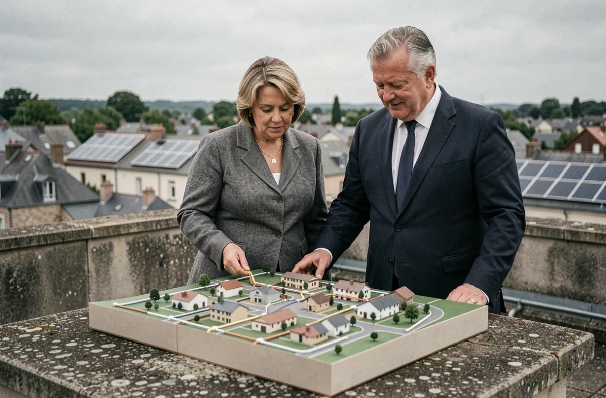 Deux élus locaux étudiant une maquette de réseau énergétique partagé sur le toit d'un bâtiment municipal