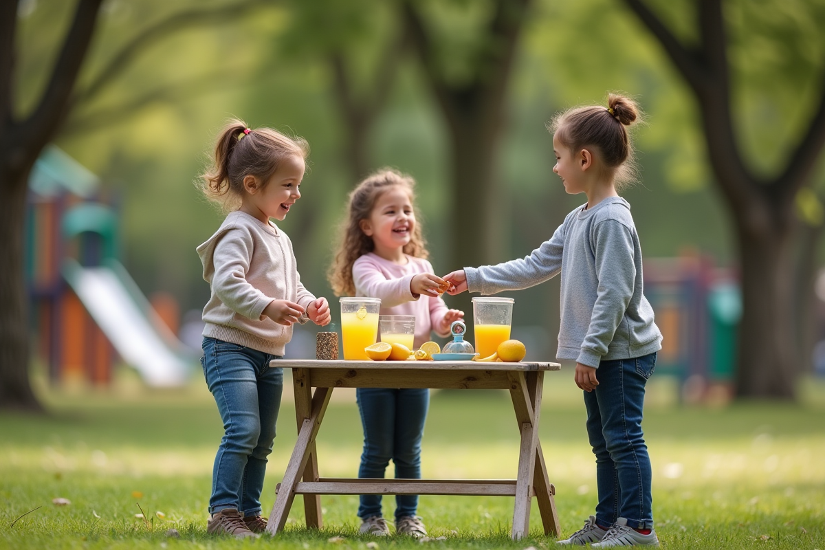 Trois enfants souriants autour d une table de limonade dans un parc