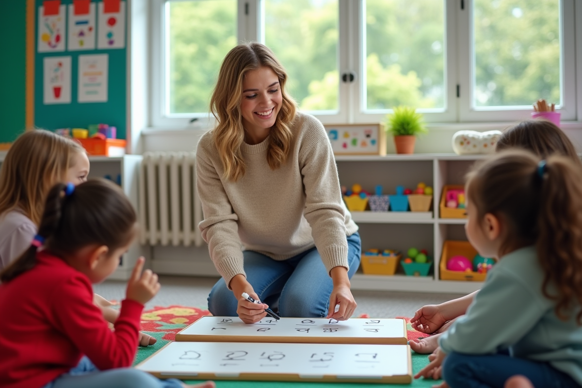 Femme enseignant des enfants avec tableau blanc en classe