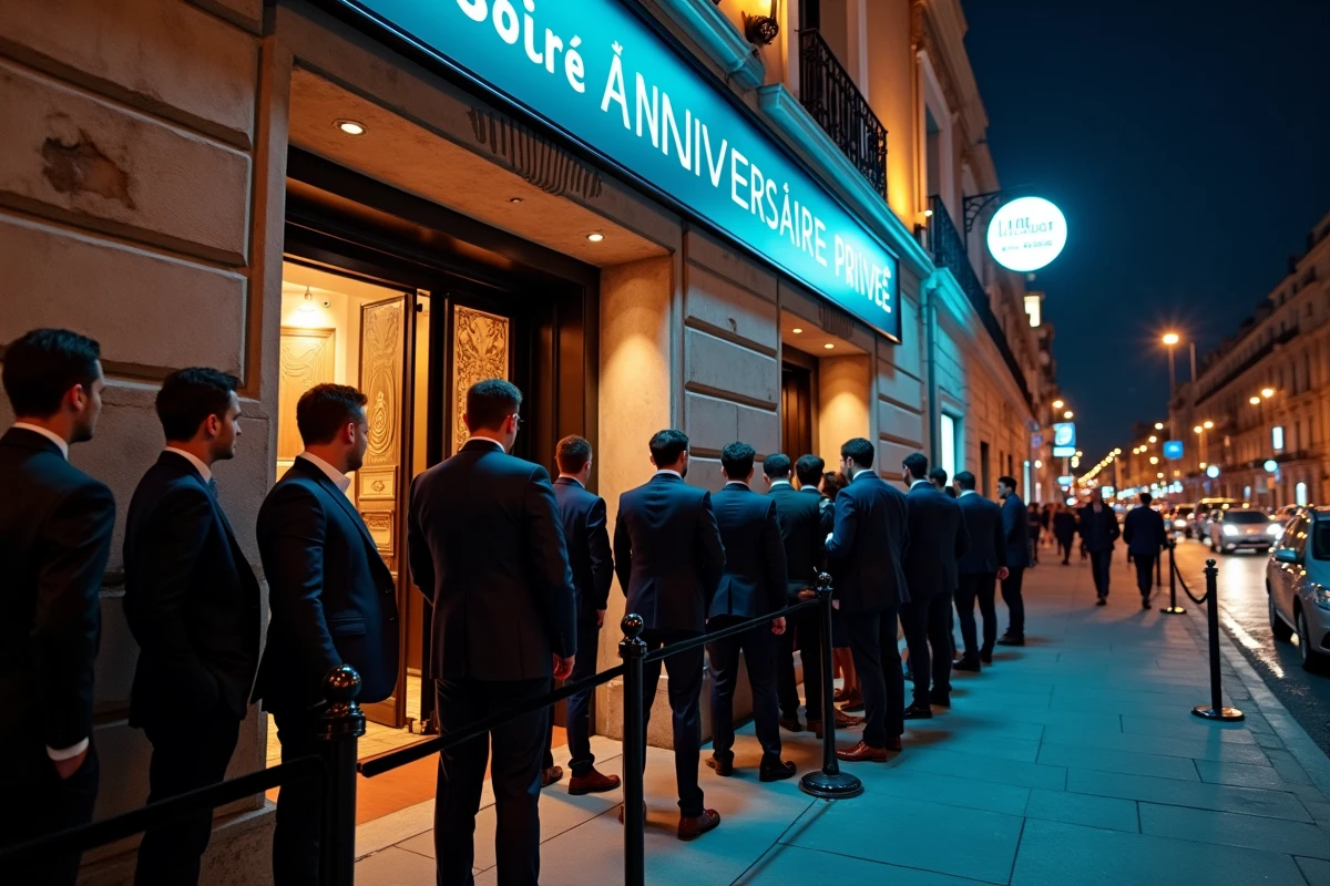 Entrée d'une boîte de nuit à Marseille avec file d'attente VIP et bannière soirée anniversaire privée