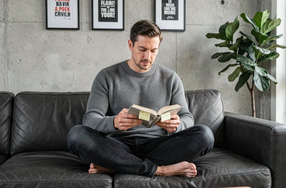Entrepreneur lisant un livre de citations inspirantes dans un salon moderne et minimaliste