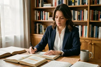 Entrepreneuse lisant un livre de citations dans son bureau avec des notes manuscrites et des livres de développement personnel