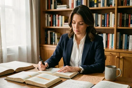 Entrepreneuse lisant un livre de citations dans son bureau avec des notes manuscrites et des livres de développement personnel