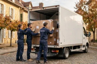Équipe de déménageurs professionnels chargeant un camion blanc dans une rue pavée d'une ville bourguignonne en automne