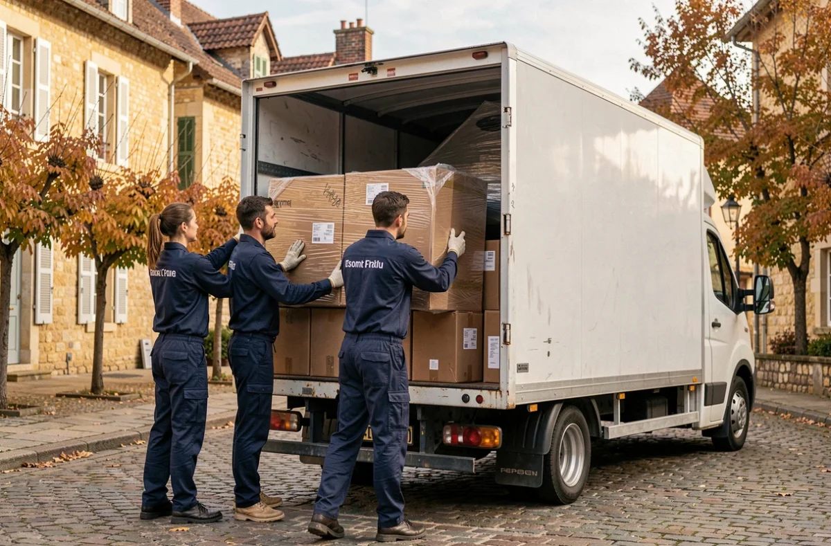 Équipe de déménageurs professionnels chargeant un camion blanc dans une rue pavée d'une ville bourguignonne en automne
