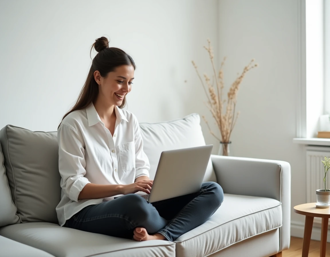 Jeune femme assise sur un canapé tapant un message de remerciement sur son ordinateur portable avec une expression chaleureuse