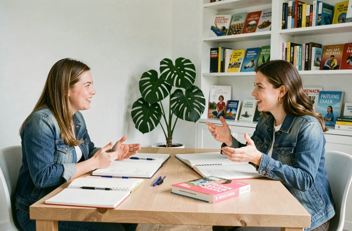 Deux femmes étudiant la grammaire française ensemble à un bureau moderne, illustrant la différence entre impératif et indicatif