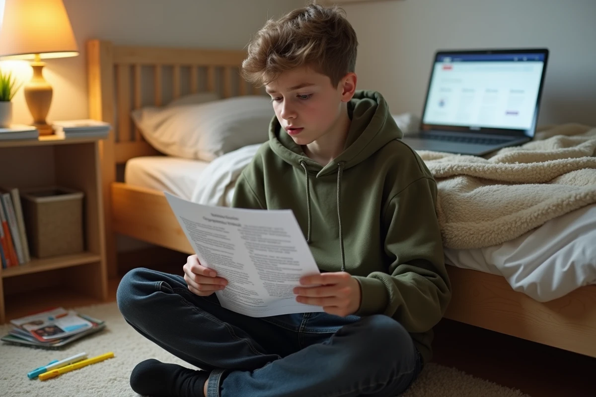 Adolescent étudiant seul dans sa chambre en lisant une fiche de grammaire française sur le t euphonique
