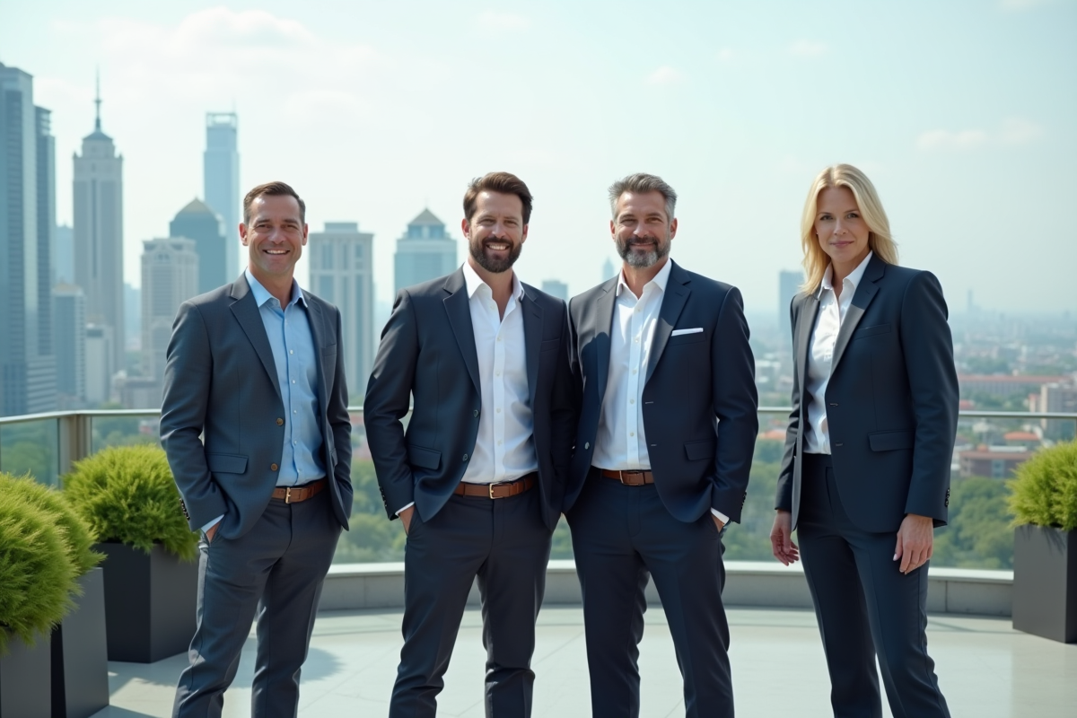 Groupe de dirigeants immobiliers sur un toit avec vue urbaine
