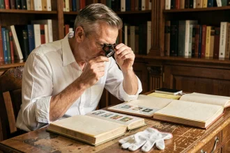 Expert philatéliste examinant un timbre vintage avec une loupe dans un bureau antique entouré d'albums et de catalogues