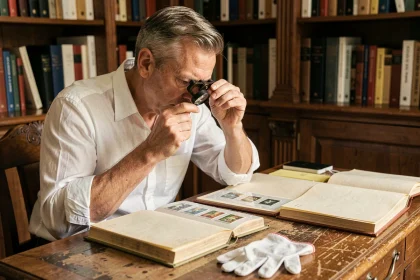 Expert philatéliste examinant un timbre vintage avec une loupe dans un bureau antique entouré d'albums et de catalogues