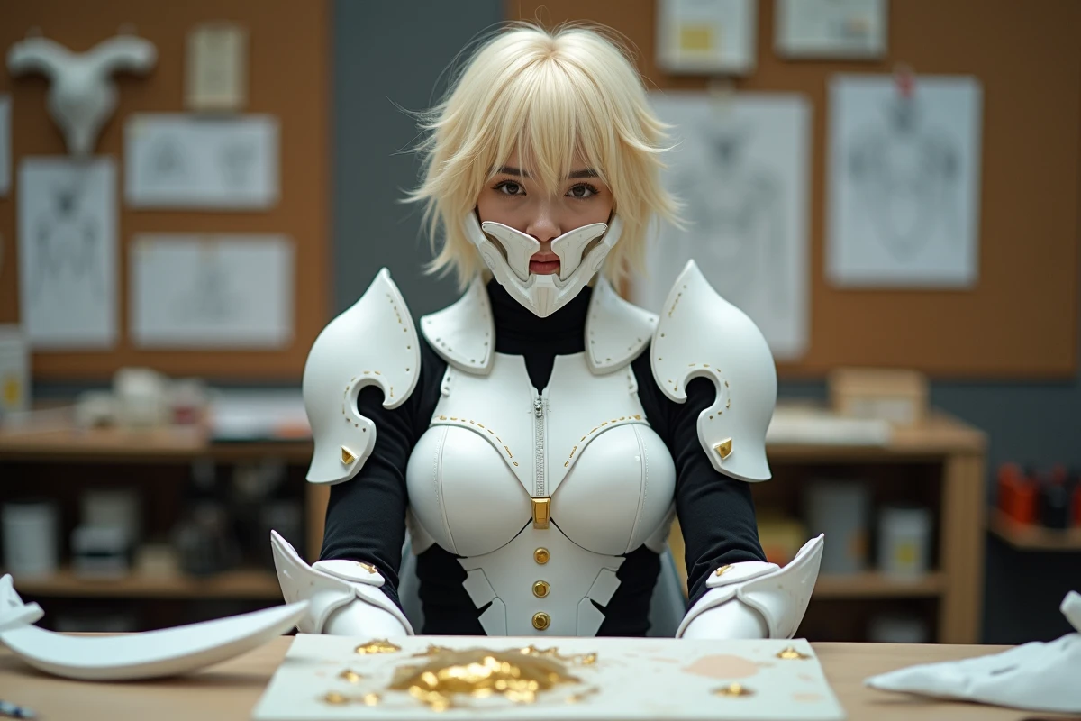 Cosplayeuse préparant son costume de Halibel avec des outils de fabrication de props en foam et résine sur une table d'atelier